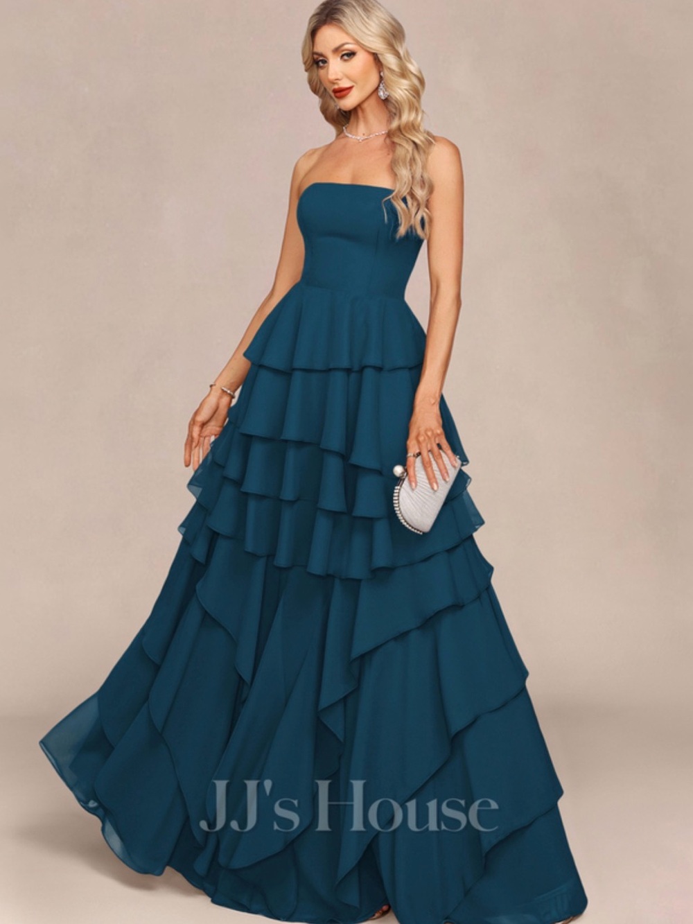 JJs House Teal Strapless Layered Ruffle Ball Gown